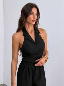 SHEIN Tall Women Lapel Collar Backless Sleeveless Front Button Blazer In Fall/Winter - Black - View 6