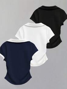 Olithes Áo thun nữ tay ngắn cổ bẻ xếp ly, kiểu dáng thường ngày, đa năng - Nhiều màu - Xem 2