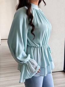 Solavon Women's Elegant Commuter Solid Color Ruffle Flare Sleeve Blouse - Teal Blue - View 8