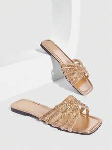 CUCCOO SZL Women's Fashion Crystal Decorated Flat Sandals, Summer Spring Shoes - Champagne - View 2