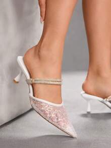 CUCCOO SZL Tacones altos tipo salón con punta puntiaguda, malla y strass, de estilo casual para ir al trabajo. Adecuados para bodas, fiestas y eventos de noche - Blanco - Ver 8