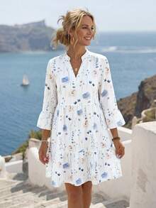 Faunlyn 女士 V 领长袖花卉印花休闲短款连衣裙 - 白色 - 查看 3