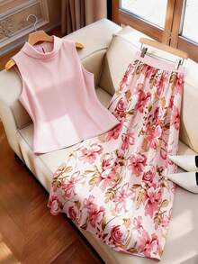 GlowEve CURVE 大码女士优雅浪漫碎花半身裙+纯色独特上衣两件套，优雅浪漫两件套，适合甜蜜约会、海滩度假和日常通勤。 - 彩色 - 查看 1