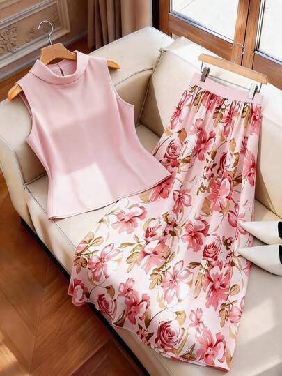 GlowEve CURVE Plus Size Women's Elegant Romantic Floral Skirt + Solid Color Unique Top Two Pieces Set, Elegant Romantic Two Pieces Set Suitable For Sweet Dates, Beach Vacations, And Daily Commute