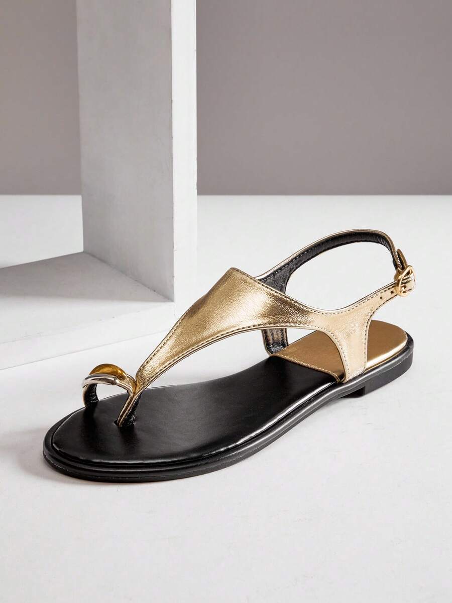 SHUZIA 女士舒适日常夏季可爱度假休闲金色装饰趾环平底凉鞋 - 金色 - 查看 1