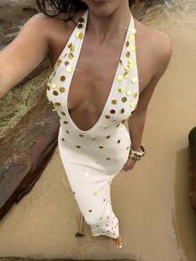 Opulessa V领亮片装饰长裙 - 杏色 - 查看 7