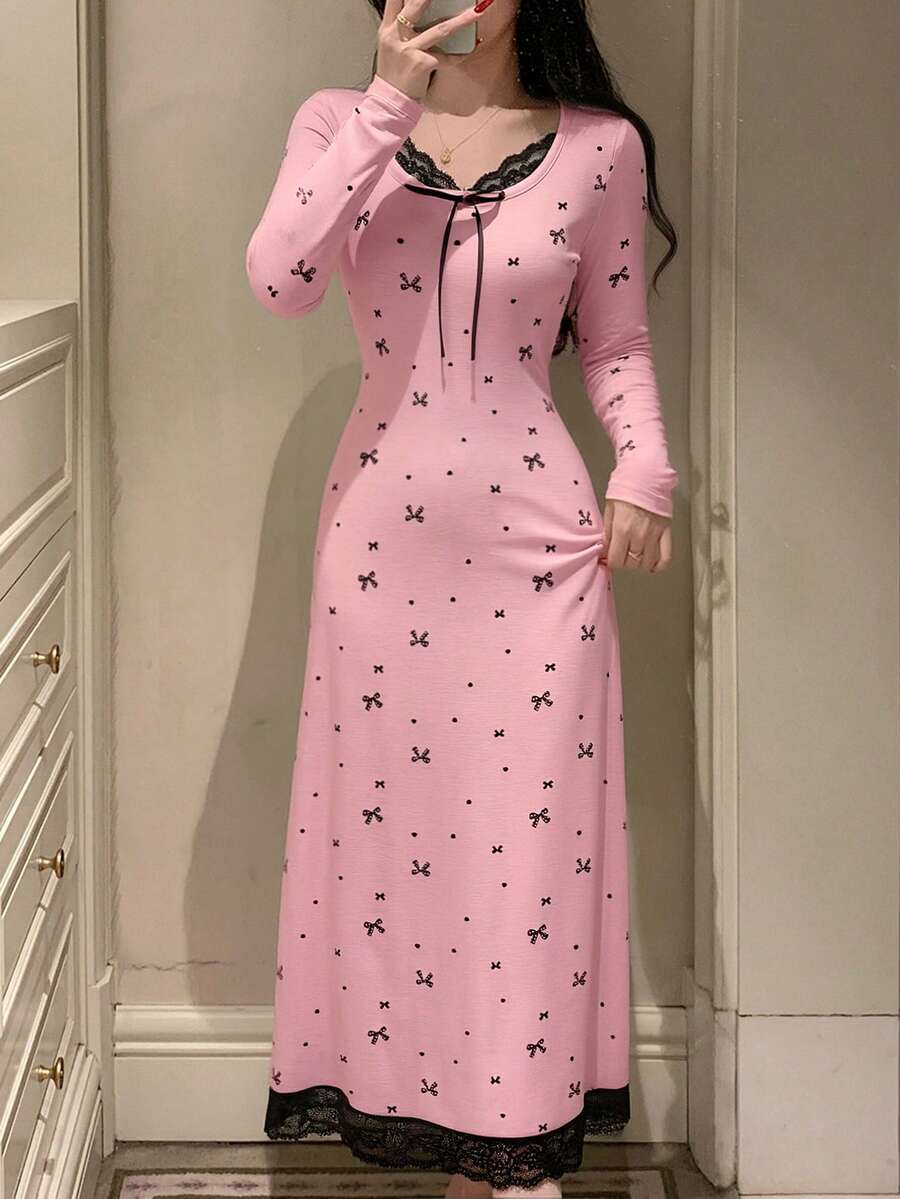 DAZY Bow Print Contrast Color Lace Patchwork Waist Dress, Women Spring Sleepwear - Pink - View 1