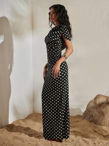 Opulessa Women's Polka Dot Pattern Ruched Shoulder Fitted Elegant Dress Suitable For Beach Vacation, Casual, Holiday ,Going Out, Party, Beach - Black - View 3