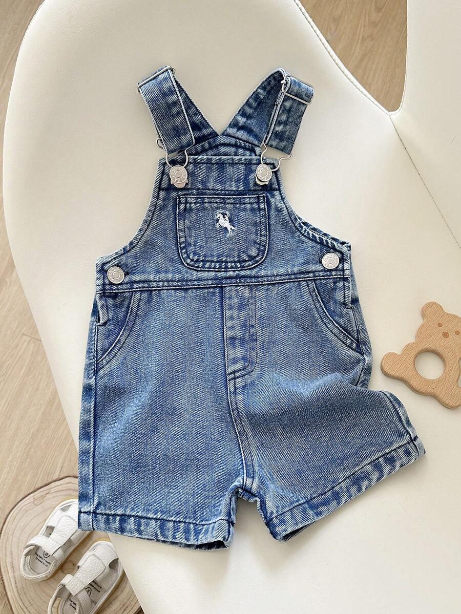 SHEIN Playful Pals Quần short denim thường ngày cho bé trai, chất liệu nhẹ, màu xanh nhạt, kiểu dáng đường phố dễ thương, dáng rộng thoải mái, dây đeo có thể điều chỉnh, chất liệu denim cotton mềm mại, phù hợp cho mặc hàng ngày, dự tiệc, đi học, đi làm, mẫu mới mùa xuân/hè. - Rửa trung bình - Xem 1