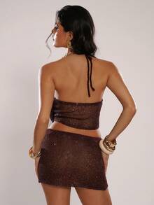 SHEIN BAE Women's Burgundy Summer 2 In 1 Shimmering Knit Top,Strapless Vest For Day Party,Vacation,Holiday,Beach,Casual Nightclub,Music Festival & Brunch Top - Chocolate Brown - View 4