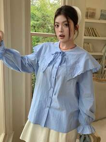 Dazy Plus Loose Fit Peter Pan Collar Embroidered Long Sleeve Blue Casual Blouse For Girls - Baby Blue - View 5