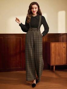 Vintamour 复古优雅女士双排扣撞色格子口袋背带裤，直筒连体裤，圣诞节女装，冬季女装，新年女装，圣诞节女装，商务休闲女装，冬季女装，背带裤，复古风格女装，棕色裤子，新年装，音乐会装，外出女装，冬季女裤，情人节，情人节 - 咖啡棕 - 查看 4