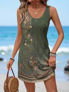 Sylviya 女士休闲复古花卉印花圆领连衣裙，适合春夏季 - 綠色 - 查看 4