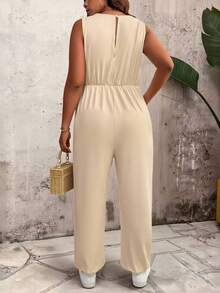 SHEIN LUNE Bộ đồ liền thân không tay đơn giản, đa năng, thường ngày cỡ lớn dành cho nữ - Màu Khaki - Xem 2