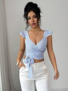 Elenzga Elegant Summer Shirt With Woven Stripes For Women Seksi Chic - Blue and White - View 6