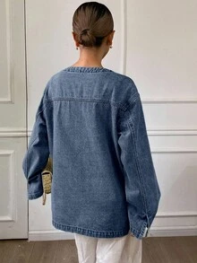 Livesso Women's Lace-Up Loose Denim Jacket, Autumn - Dark Wash - View 2