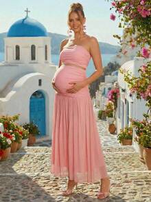 Loomaby Elegantes Umstandskleid Einfarbig mit verstellbarer Taille - Pink - Übersicht 1