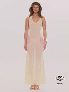 MUSERA 深V领花卉饰边修身长裙，春夏优雅婚礼宾客度假假日场合蜜月咖啡馆 - 鵝黃色 - 查看 1