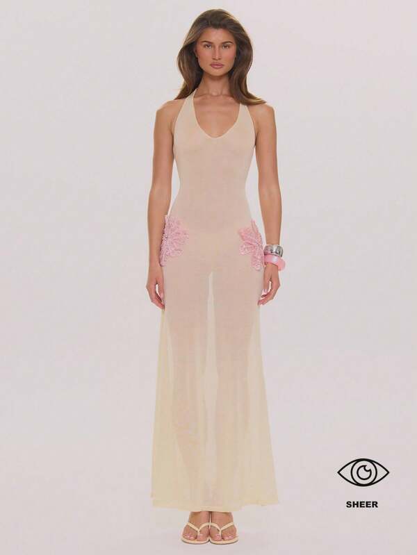 MUSERA Plunge V Neck Floral Trim Detail Fitted Maxi Dress Spring Summer Elegant Wedding Guest Vacation Holiday Occasion Honeymoon Cafe