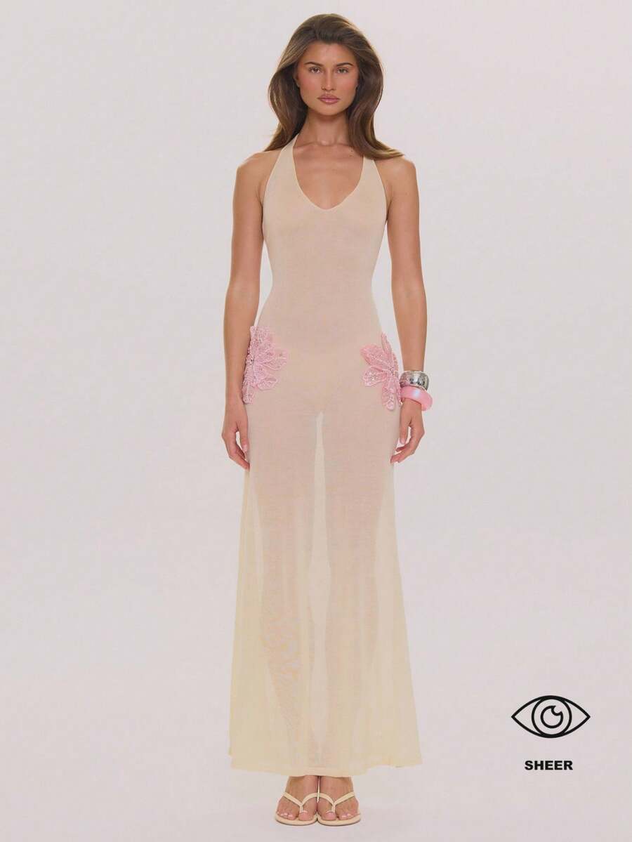 MUSERA 深V领花卉饰边修身长裙，春夏优雅婚礼宾客度假假日场合蜜月咖啡馆 - 鵝黃色 - 查看 1