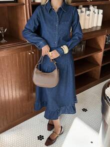 DAZY Bộ đồ nữ gồm áo sơ mi có túi và chân váy denim xếp ly, kiểu dáng thường ngày, thích hợp cho mùa xuân/hè, hoặc dự tiệc cưới. - Màu xanh lam - Xem 4
