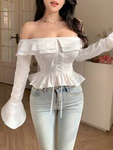 DAZY Blusa elegante de mujer con hombros descubiertos, volantes y mangas acampanadas, primavera-verano - Beis - Ver 4