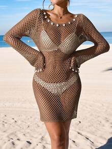 Swim Vcay 女士夏季春假服装镂空透视贝壳装饰长袖喇叭袖口船领针织沙滩罩衫连衣裙钩针泳衣女士性感沙滩装女士钩针沙滩服女士沙滩装罩衫泳衣女士罩衫比基尼套装带罩衫网纱连衣裙沙滩连衣裙网纱连衣裙女士泳衣 - 咖啡棕 - 查看 3