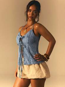 Athîral Women's Casual Vacation Spaghetti Strap Sleeveless Off Shoulder Paisley Blue Lace Up Denim Shirt, Suitable For Going Out, Dating, Commuting, Loose Fit, Blue Washed Denim Top, - Medium Wash - View 6