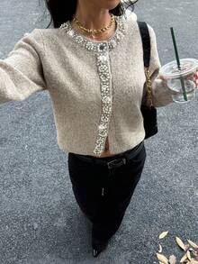 Siren Gaze Áo khoác cardigan dài tay phối ngọc trai, kiểu dáng thời trang nữ, cổ tròn, thích hợp mặc mùa thu/đông. - Màu Khaki - Xem 6