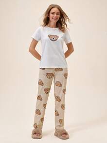 Loomlin Women Cotton Bear Printed Regular Home Wear Set - Beige - View 3