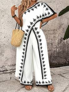 Breezaya Plus Size Women's Elegant Black And White Graphic Print Asymmetric Collar Split Top And Long Pants 2 Pieces Set,Summer Boho Holiday Tea Party Outfits - Black and White - View 3