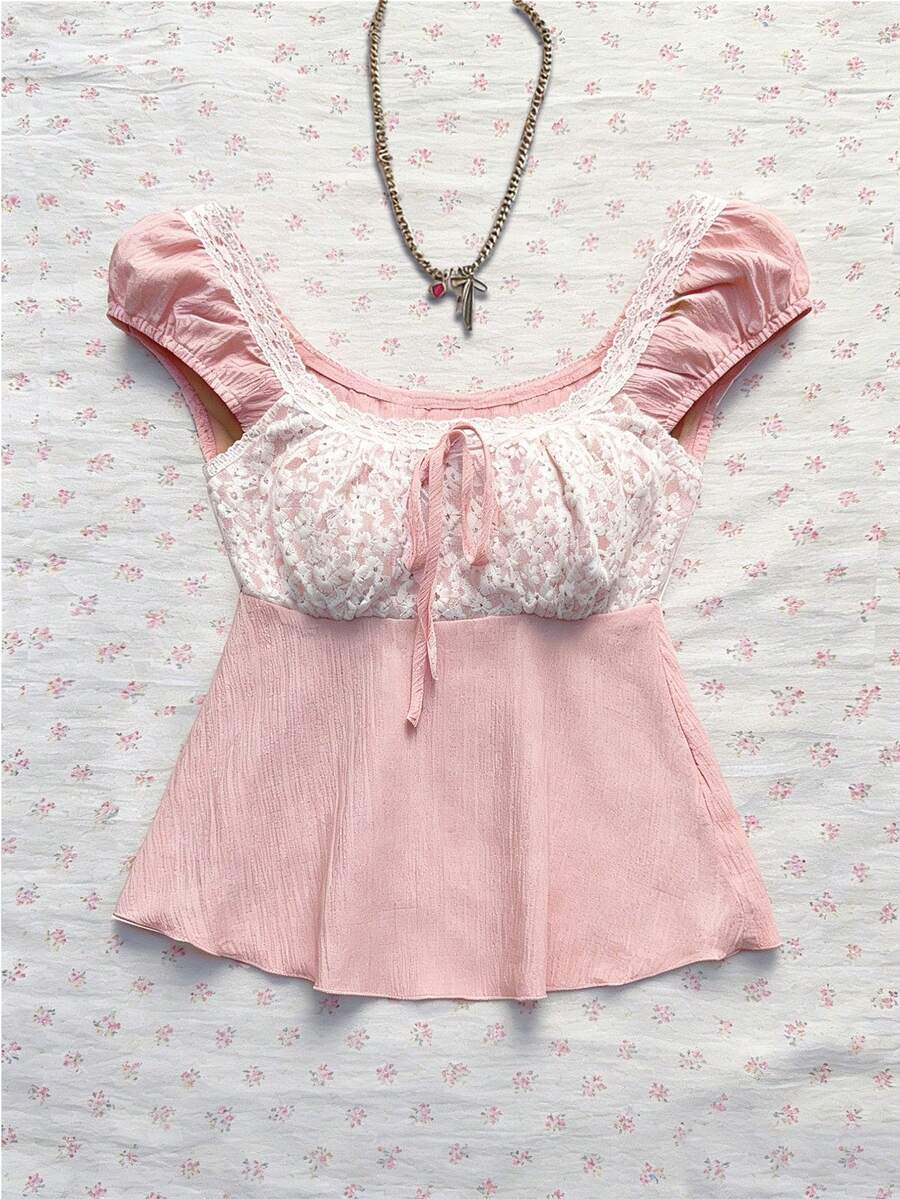 SHEIN Unity Blusa feminina rosa, estilo doce e descontraída, bordada, para férias na primavera/verão. - Rosa - Ver 1