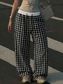 SHEIN EZwear 格子抽绳腰宽松阔腿梭织休闲裤 - 黑色 - 查看 2