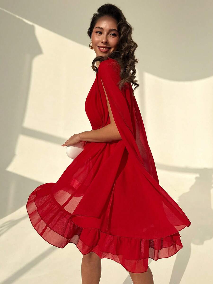 Nevyona Đầm ngắn voan mỏng tay bồng, vai lệch, gấu xếp ly, thích hợp cho kỳ nghỉ và chụp ảnh, phù hợp cho dịp năm mới và Giáng sinh. - Đỏ - Xem 1