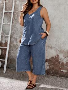 EMERY ROSE EMERY ROSE Ensemble 2 pièces top sans manches et jean large pour grandes tailles - Bleu azur - Voir 4