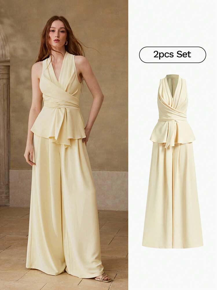WOMEN'S SLEEVELESS TIE BACK PEPLUM TOP AND WIDE LEG PANTS 2 PIECES OUTFIT, CASUAL FOR DATES, SPRING/SUMMER