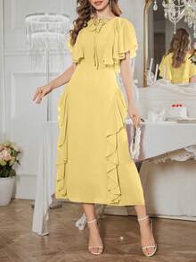 Modelyn Women's French Design Ruffle Sleeve Tie Waist Dress - Yellow - View 6