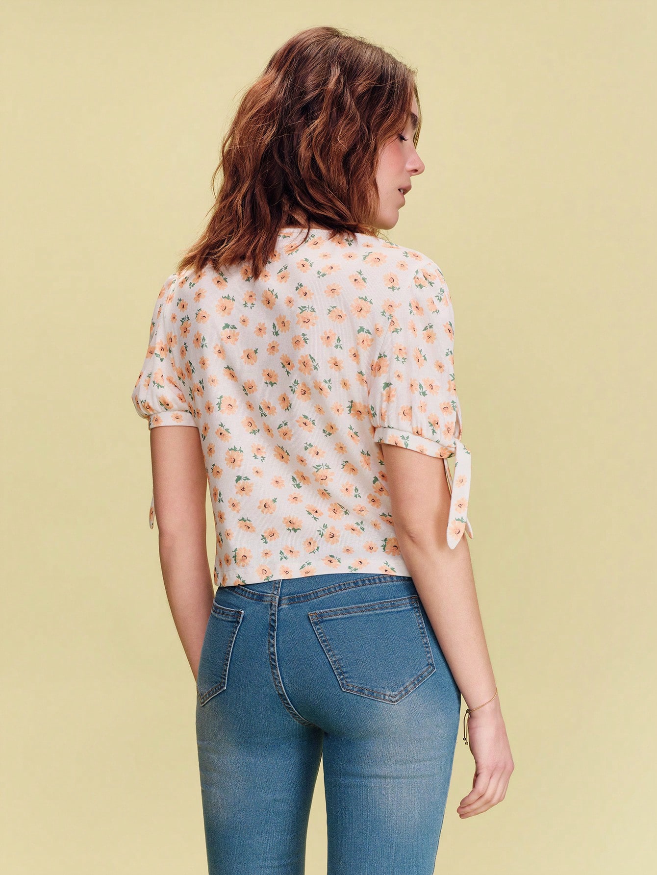 Floral Print Short Sleeve T Shirt With Tie Sleeve Detail Spring Summer Ditsy Top Vacation Top Picnic Outfit Holiday Outfit Womens Tops For Summer New In Women Clothing