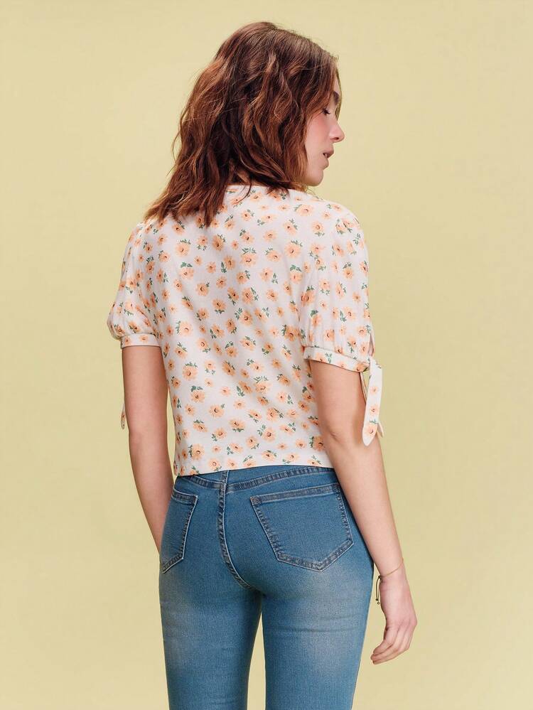 Floral Print Short Sleeve T Shirt With Tie Sleeve Detail Spring Summer Ditsy Top Vacation Top Picnic Outfit Holiday Outfit Women's Tops For Summer New In Women Clothing