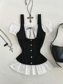 Elamini 性感蝴蝶结撞色修身短袖T恤（女款） - 黑色 - 查看 3