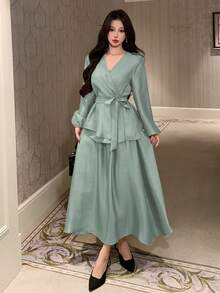 DAZY 女士优雅纯色V领系带衬衫和A字裙两件套，春夏款 - 藍色 - 查看 4