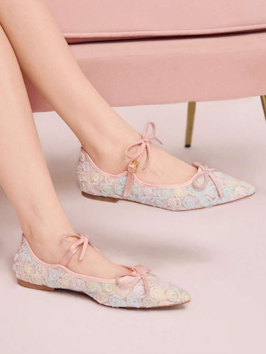 CUCCOO DOLLMOD Sepatu Flat Mary Jane Wanita Berwarna-warni dengan Bordir Bunga Jala, Modis, Pita Ganda, Lucu, Elegan, Sepatu Musim Semi - MultiWarna - View 1