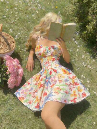 SHEIN MOD 女士碎花褶皱腰部吊带迷你连衣裙