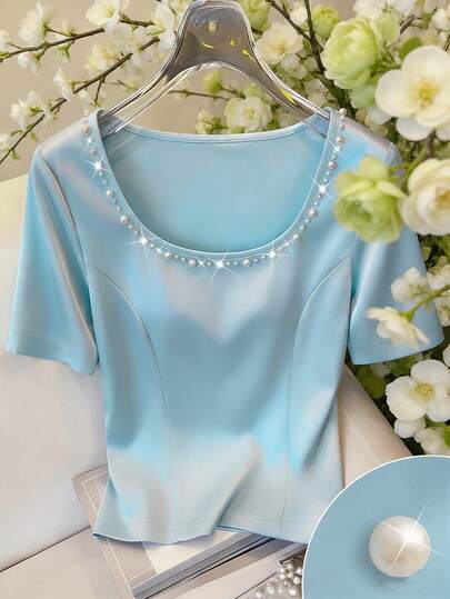 GlowEve Women's Summer Round Neck Sleeveless Fitted Waist Split Hem Beaded Luxurious Knit Shiny Casual Elegant Versatile Blue T-Shirt