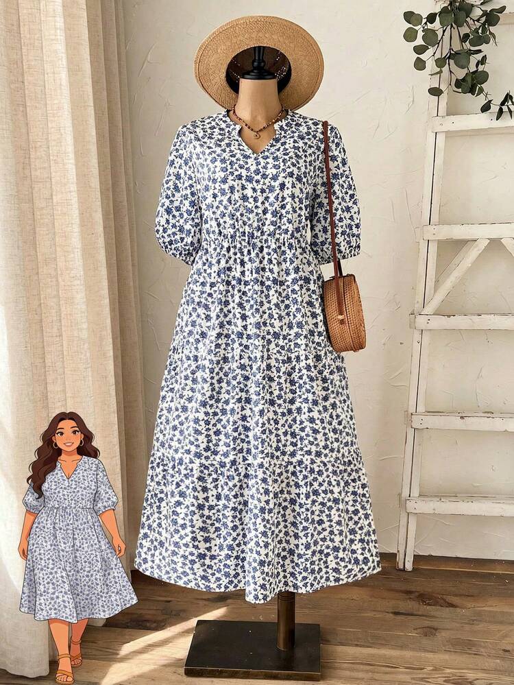 Plus Size Women Ditsy Floral V-Neck Loose Fit Puff Sleeve Casual Dress For Summer/ Vacation  Summer Dress  Summer Outfits Summer Clothes Spring Dress Spring Outfit Women Spring Clothing Country Style For Women Country Dress For Women, Summer Dresses