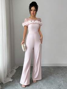 SHEIN Elenzya Bộ jumpsuit màu hồng thanh lịch dành cho nữ, điểm nhấn bèo nhún ở vai, chất liệu chiffon xuyên thấu ở vai, thích hợp cho các dịp thường ngày, nghỉ lễ, hẹn hò, đi chơi, ngày Valentine, đám cưới, tiệc tùng. - Hồng - Xem 4
