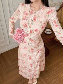 DAZY Bộ đồ 2 mảnh thanh lịch dành cho nữ, gồm áo ôm dáng và chân váy dài in họa tiết hoa, thích hợp cho mùa xuân/hè. - Hồng - Xem 4