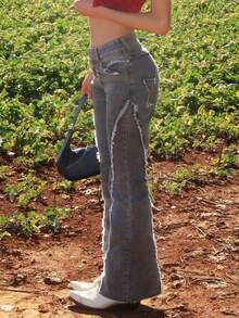 Sydney Algeri 女式休闲水洗磨边修身喇叭牛仔裤 - 藍色 - 查看 3