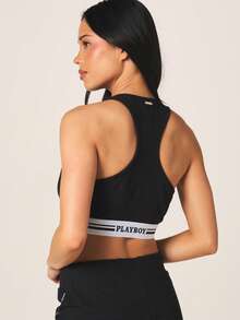 Missguided x Playboy Black Ribbed Scoop Neck Crop Top With Contrast Logo Band Detail And Button Front Closure - Black - View 3