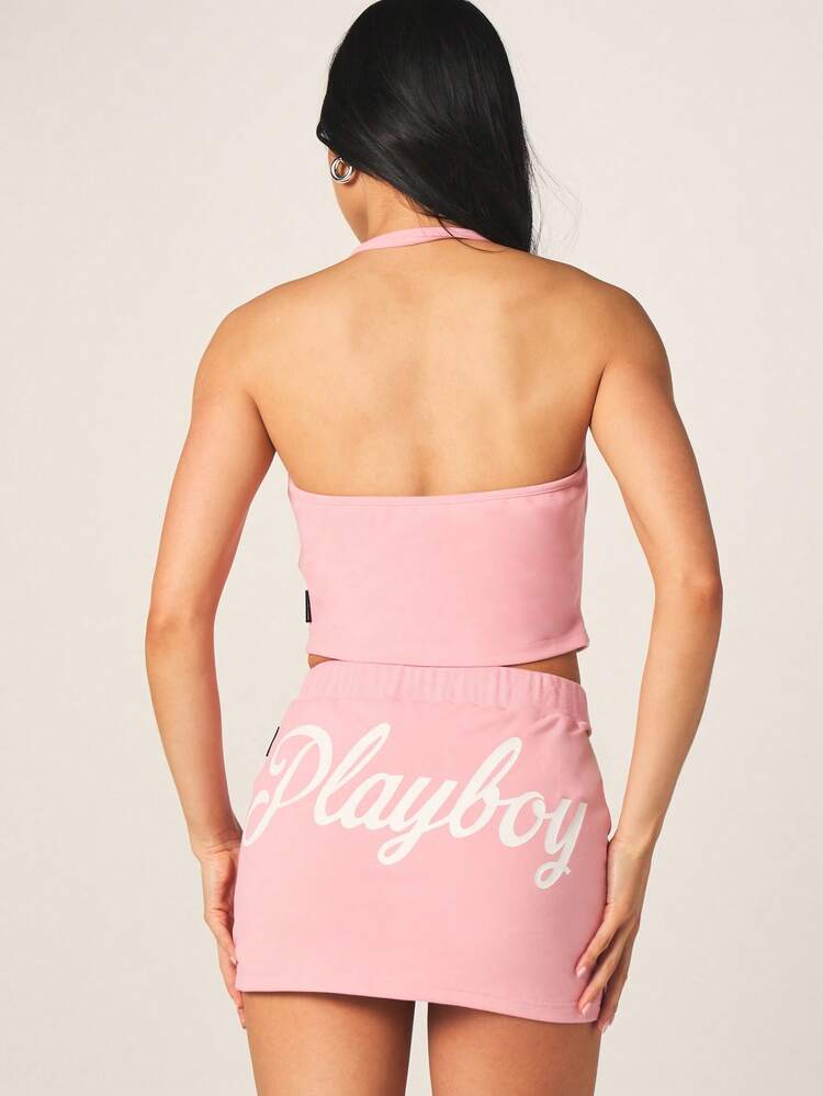 Missguided x Playboy 브랜드 핑크 버튼 업 홀터넥 캐미 탑 크롭 길이 여름 스타일